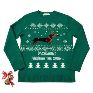 Shineflow Dachshund Through The Snow Ugly Christmas Sweater Green Med Pullover